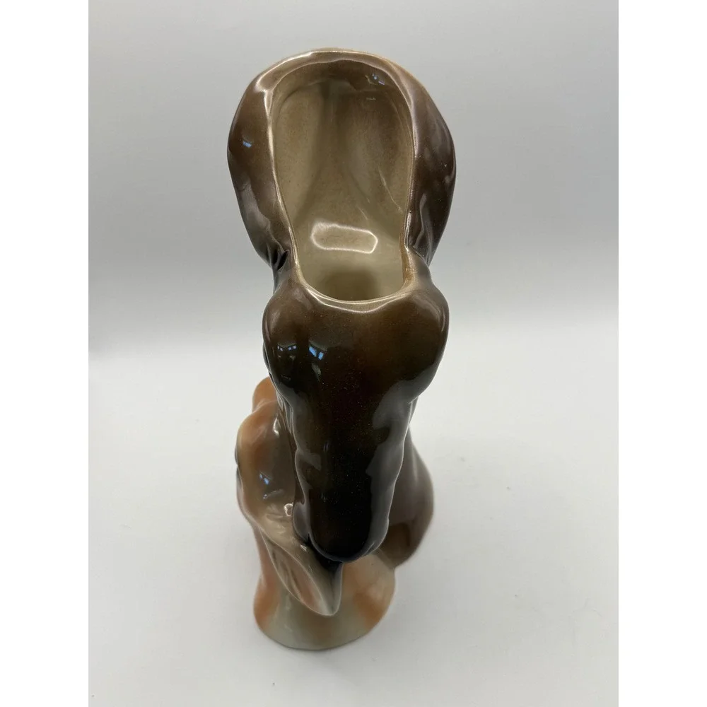 Vintage Style Ceramic Deer‎ and Foe Head Vase Planter Brown Glazed 4Y892 New